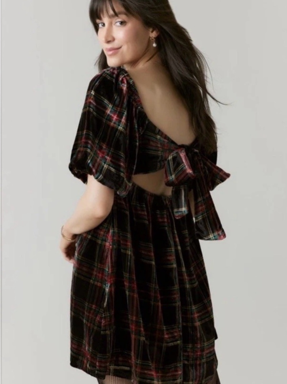 NWT Audrey Parks Francesca’s Grace Plaid Velvet Mini Dress Women’s Medium